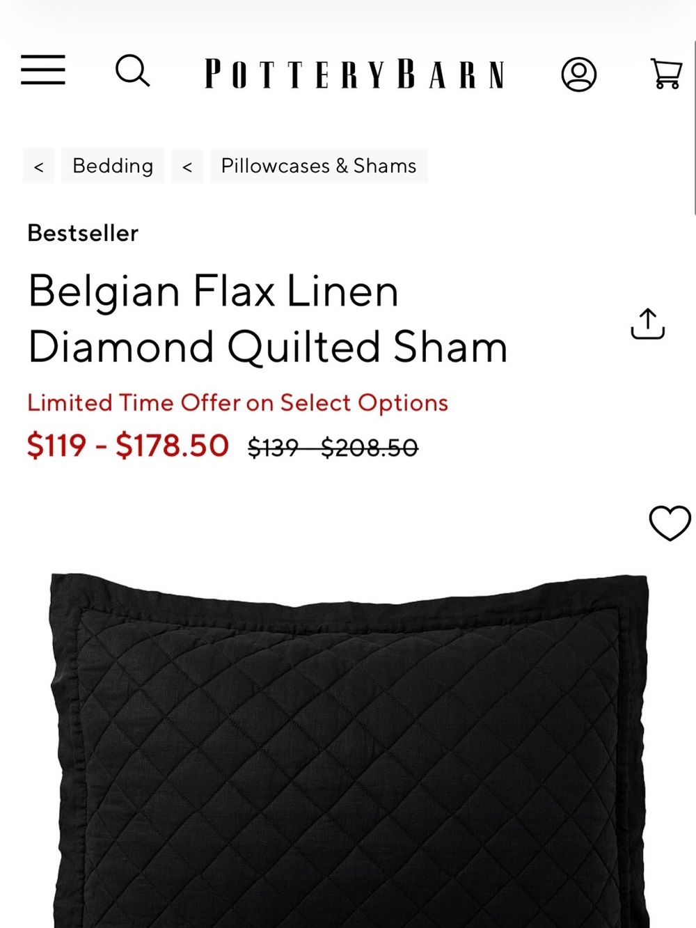 Pottery Barn Belgian Flax Linen Diamond Quilted Sham - Black set of 2